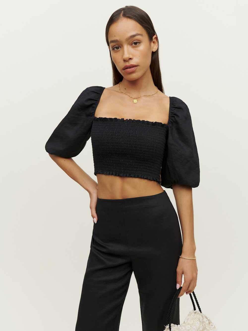 Reformation Scarlett Linen Smocked Puff Sleeve Crop Top Black Size 12